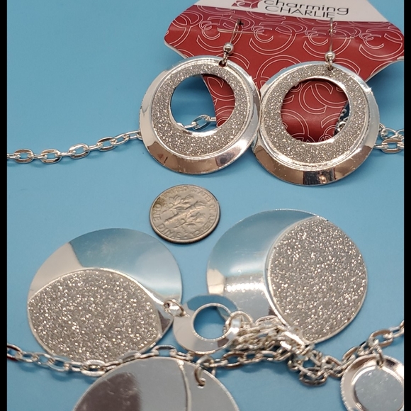 Charming Charlie Silvertone round disc shiny matte mix earrings and necklace set - Picture 5 of 5